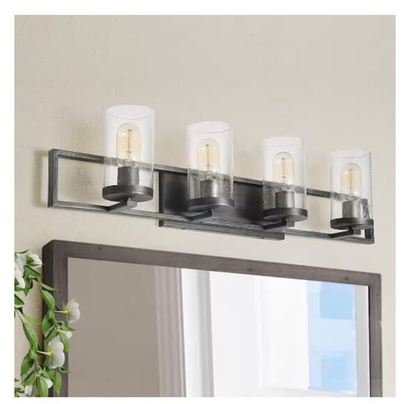 LNC Industrial Gray 4-Light Vanity Light Seeded Glass Bathroom Powder Room NEW - Picture 1 of 5